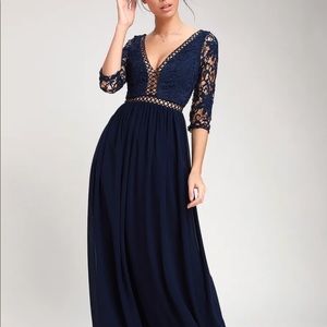 Navy Blue 3/4 Sleeve Lace Maxi Dress